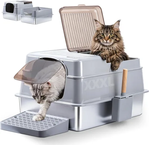 Miniatura 12 de Paquete de 2 cajas de arena para gatos de acero inoxidable con tapa, litterox extra grande para gatos grandes con lado alto, antiadherente, fácil