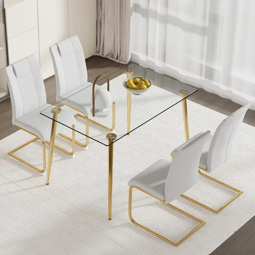 Miniatura 13 de Juego de mesa de comedor en blanco y negro de 51 pulgadas para 4, mesa de cristal minimalista moderna y 4 sillas tapizadas de piel sintética