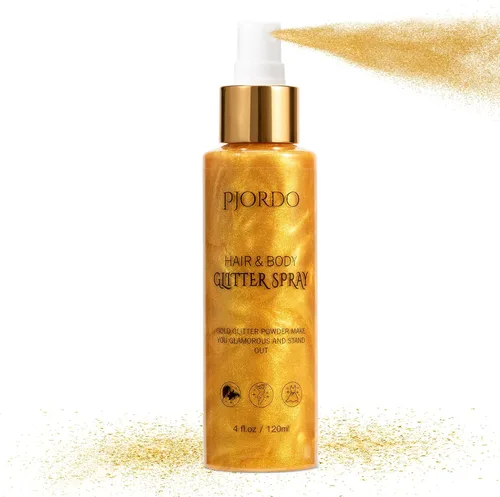 Pjordo Spray de purpurina corporal, spray brillante, purpurina dorada para cabello y cuerpo, spray para el cabello con purpurina, aerosol para