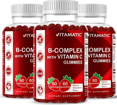 Gomitas con complejo de vitamina B de Vitamatic con vitamina C e inositol - Sabor natural a fresa - 60 gomitas (3 botellas)