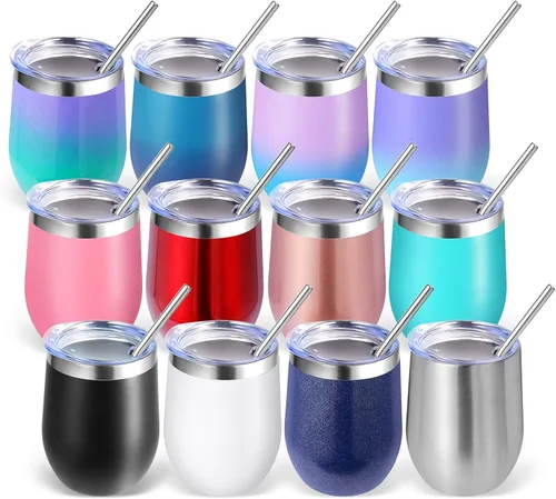 Miniatura 21 de Volhoply - Juego de 12 vasos de vino de 12 onzas con tapa, hechos de acero inoxidable con aislamiento al vacío de doble pared, vasos de vino sin Rosa