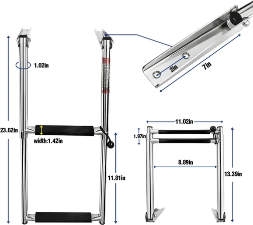 Miniatura 2 de Young Marine Escalera telescópica y plegable de acero inoxidable para barco con estribo de plástico blanco, montaje sobre plataforma
