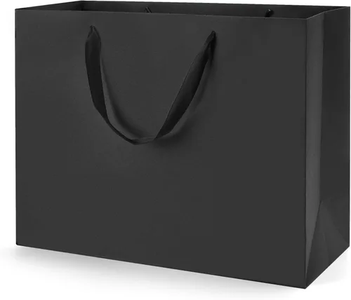 Miniatura 20 de MOXARYSU Bolsas de regalo negras con asas: 8 x 5 x 10 pulgadas, 30 bolsas de papel negras medianas a granel para fiestas, compras, cumpleaños, bodas