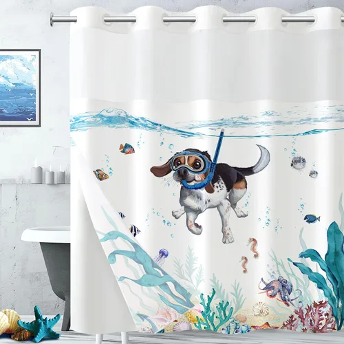 Miniatura 9 de Divertida cortina de ducha para perro, verde azulado, azul, mar, océano, impermeable, cortinas de ducha para baño con animales, pulpo, estrella