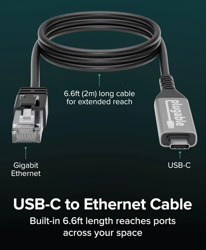 Miniatura 3 de Plugable Cable USB C a Ethernet: cable Ethernet USBC a RJ45, adaptador de red LAN Gigabit directamente conectado para MacBook Pro, iPad Pro, iPhone