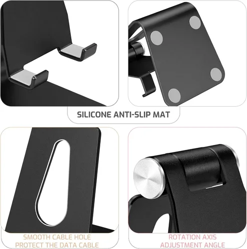 Miniatura 4 de Soporte plegable negro para teléfono celular de aleación de aluminio, soporte de teléfono de metal de mesa con ángulo ajustable por eje giratorio