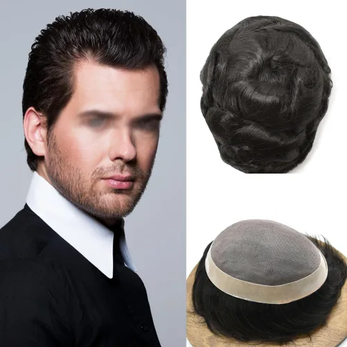 Miniatura 25 de Toupee para hombre europeo cabello humano tupé para hombres fino mono sistema de cabello para hombre sistema de reemplazo de cabello para hombres
