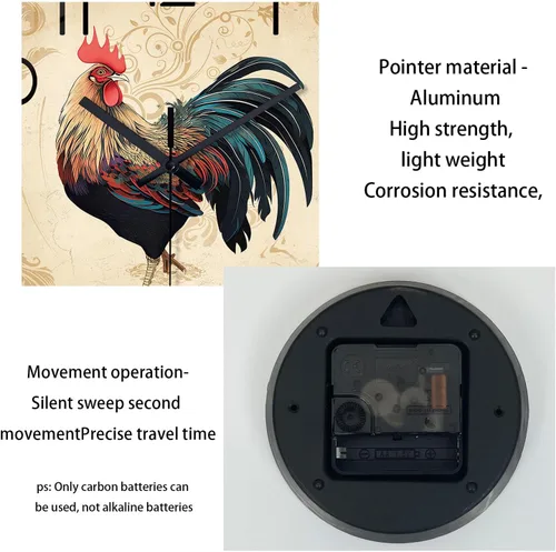 Miniatura 8 de XNM - Relojes de pared redondos rústicos para decoración de cocina y sala de 12 pulgadas, reloj de gallo de vidrio, funciona con pilas, marrón