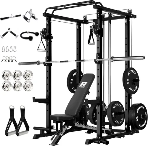 Miniatura 16 de RitFit El paquete multifunción de garaje y gimnasio en casa incluye jaula de potencia de 1200 libras PPC03/P3 con sistema de cruce de cables, banco