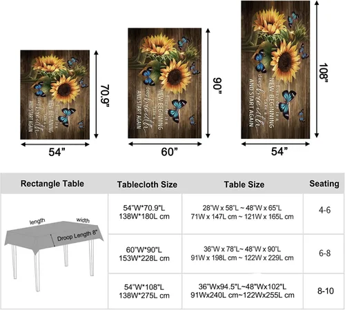 Miniatura 8 de Mantel rectangular rústico a prueba de derrames, impermeable, con mariposas, decoración de mesa, cubierta de mesa de girasol, color marrón y Marrón
