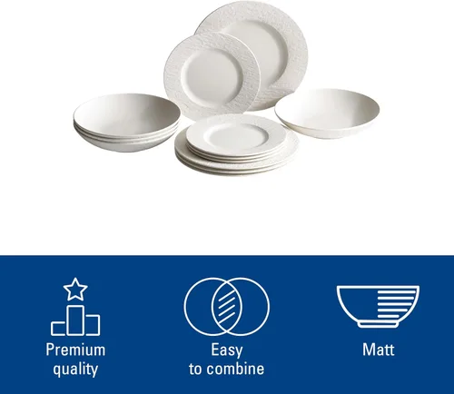 Miniatura 4 de Villeroy & Boch Manufacture Rock Blanc - Juego de vajilla de 12 piezas, servicio para 4, platos llanos, platos de ensalada y cuencos para pasta