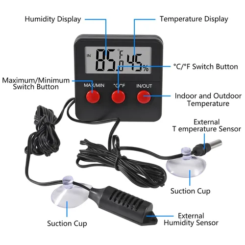 Miniatura 2 de Termómetro digital y termómetros de humedad para interiores y exteriores, medidor de temperatura e higrómetro digital con sonda para terrario de 3