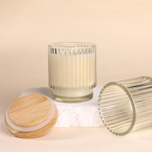 Miniatura 2 de DEVI Frascos de Velas de Vidrio Transparente Acanalado Vacíos de 7 oz para Hacer Velas, Juego de 8, Frascos de Velas de Vidrio con Tapas de Bambú