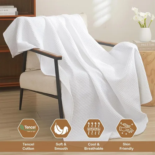 Miniatura 4 de ARlinen Manta 100% de algodón Tencel, ligera, transpirable, suave para todas las estaciones, para sofá, perfecta para personas que duermen con Blanco