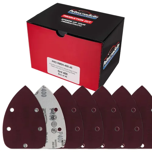 Miniatura 7 de ProductionShop Hojas de papel de lija de lija de grano 180 premium con 5 agujeros, caja de 45 unidades, almohadillas de disco de mouse