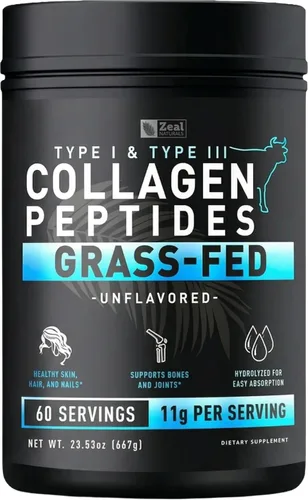 Zeal Naturals Péptidos de colágeno hidrolizados en polvo, 0.35 onzas de proteína, colágeno alimentado con pasto para mujeres y hombres, aminoácidos
