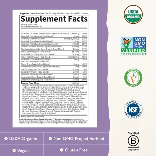 Miniatura 3 de Suplemento multivitamínico orgánico Garden of Life, para mujer, tabletas múltiples, una vez al día, hfs-koi-zk-a11705, 60, 1, 1