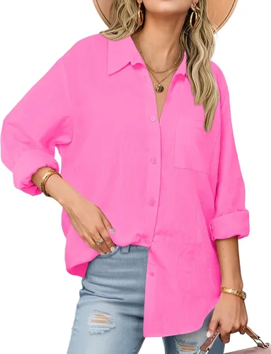 Miniatura 7 de Zeagoo - Blusas de lino con botones para mujer, de gasa, algodón, manga larga, blusas informales con cuello, corte holgado