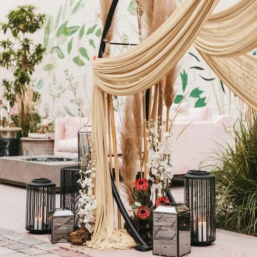 Miniatura 6 de LINXTAR Tela para Cortinaje de Arco de Boda 1 Panel 30'' x 18 Pies Gasa Transparente Champán Cortinaje de Arco para Telón de Fondo de Despedida