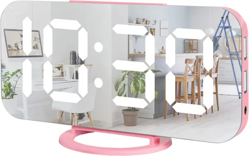 Miniatura 10 de Reloj despertador digital Lamisola, gran pantalla LED con espejo, 2 puertos de carga USB, brillo ajustable automáticamente, relojes modernos