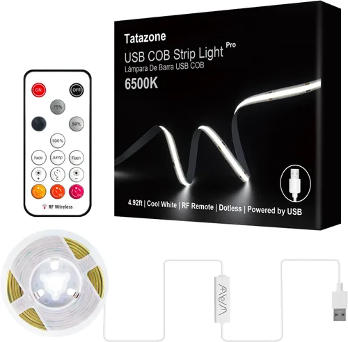 Tatazone Tira de luz LED COB USB de 5 V con control remoto RF, tira de luz LED COB alimentada por USB de 4.92 pies 6500 K, luz LED COB regulable