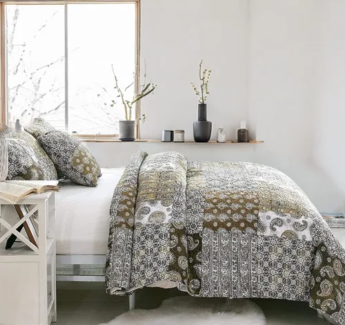 Miniatura 7 de DaDalogy Bedding - Juego de cama bohemio de 8 piezas en una bolsa, colcha de retazos de algodón floral marrón y verde con estampado de cachemira