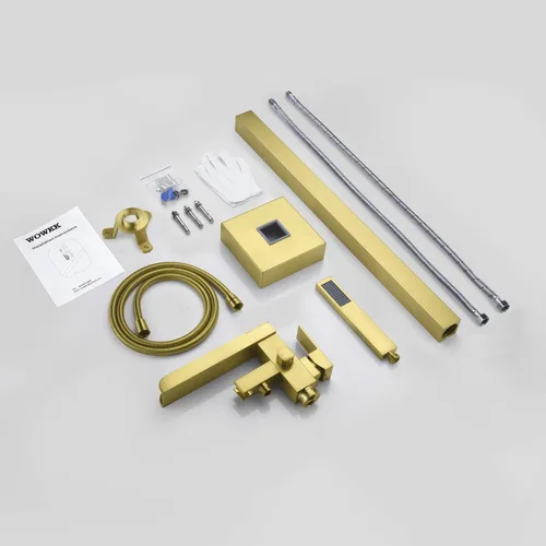 Miniatura 7 de Wowkk Grifo de Bañera Independiente Dorado Cepillado Cascada Llenador de Bañera Montaje en Piso Latón Mango Único Grifos de Baño con Ducha de Mano