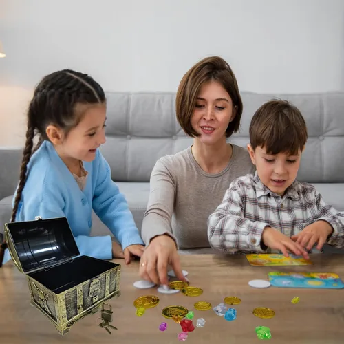 Miniatura 6 de Cofre del tesoro pirata para niños, cofre con revestimiento de bronce vintage con cerradura y llave para juegos de caza, premios de caja pequeña