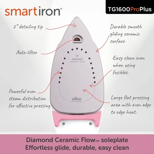 Miniatura 5 de Oliso TG1600 Pro Plus SmartIron de 1800 vatios con elevación automática y protector de suela de hierro de silicona Oliso Solemate para hierros