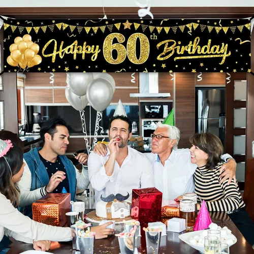 Miniatura 3 de Cartel de feliz cumpleaños 60 para hombres y mujeres, letrero de cumpleaños número 60 negro y dorado, suministros de fiesta para patio, divertida
