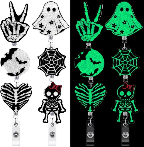 Miniatura 9 de Fulmoon Carrete retráctil de insignia de Halloween, 6 unidades, que brilla en la oscuridad, soporte para identificación de enfermera con clip