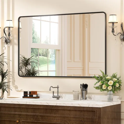 Miniatura 24 de Antok Espejo de baño con marco de metal negro de 22 x 30 pulgadas, espejo de pared con esquinas redondas, espejo de tocador para sobre el fregadero