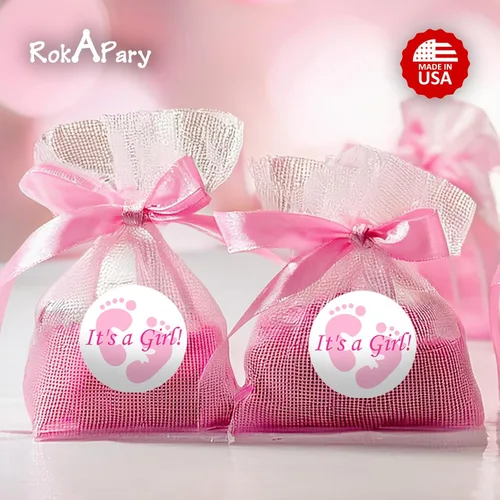 Miniatura 7 de 324 Etiquetas Rosas de Huellas de Niña para Baby Shower o Baby Sprinkle, Adhesivos, Envolturas, Recuerdos. Hecho en EE. UU