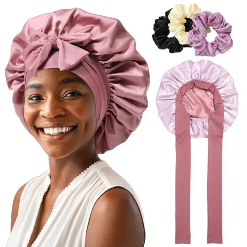 Miniatura 10 de Gorro de satén para mujer, con banda de amarre para el cabello, para dormir, grande de 2 capas, gorro de dormir de seda para dormir con 3 coleteros