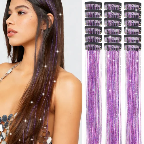 Miniatura 11 de Paquete de 12 extensiones de cabello de oropel con clip, 24 pulgadas, accesorios para el cabello de hada brillante para niñas y mujeres, fiesta