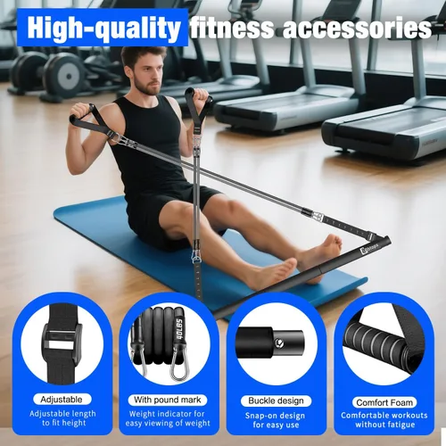 Miniatura 7 de Kit de barra de pilates Bbtops con bandas de resistencia, barra de pilates con bandas apilables, equipo de entrenamiento para piernas, cadera, Negro