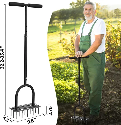 Miniatura 7 de Aireador de césped para césped, aireador de césped manual resistente con 15 picos de hierro, altura ajustable, herramienta aireadora de patio