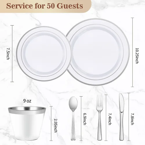 Miniatura 4 de BESTVIP Juego de vajilla de plástico de 300 piezas (50 invitados), platos desechables plateados para fiestas, bodas, Navidad, aniversario, incluye