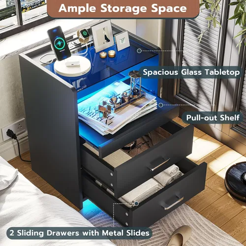 Miniatura 5 de VIAGDO Mesita de noche con estación de carga y luces LED, mesita de noche negra con parte superior de vidrio y cajones de almacenamiento, mesas