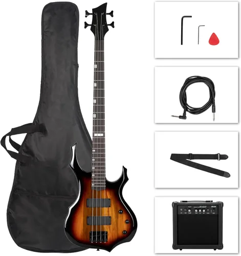 Miniatura 12 de Ktaxon Juego de bajo eléctrico de tamaño completo con diseño de llama con amplificador de 20 W, bolsa de bajo portátil, cable de amplificador Negro
