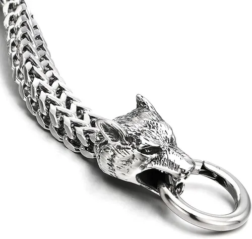 Miniatura 5 de COOLSTEELANDBEYOND Biker - Pulsera de acero inoxidable para hombre con cabeza de lobo con cierre de anillo de resorte