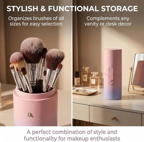 Miniatura 6 de VASANA Organizador de brochas de maquillaje de piel sintética rosa con tapa, herramientas de maquillaje portátiles, estuche organizador de gran