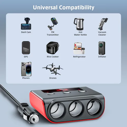Miniatura 7 de SONRU - Divisor de encendedor de cigarrillos 7 en 1, divisor de encendedor de cigarrillos con 4 puertos USB de carga rápida, interruptores