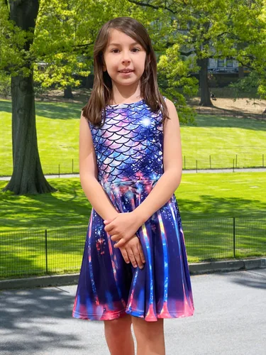 Miniatura 4 de Funnycokid Vestido de sirena para niñas y niños, vestido de verano sin mangas, traje de cumpleaños, ropa de fiesta de 4 a 13 años