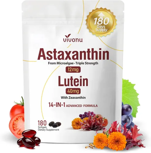 Astaxantina 14 en 1 12 mg y luteína 40 mg con suplementos de zeaxantina, suministro para 6 meses, fuente de microalgas frescas, apoya los ojos, la