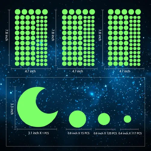 Miniatura 4 de Calcomanías de pared de estrellas y luna que brillan en la oscuridad, 252 puntos en 3 tamaños para techo/paredes, perfecto para regalo de cumpleaños