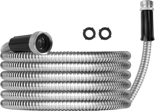 Sutekus Manguera de jardín de metal de acero inoxidable de 15 pies, flexible y sin torceduras para uso en exteriores (sin pulverizador)