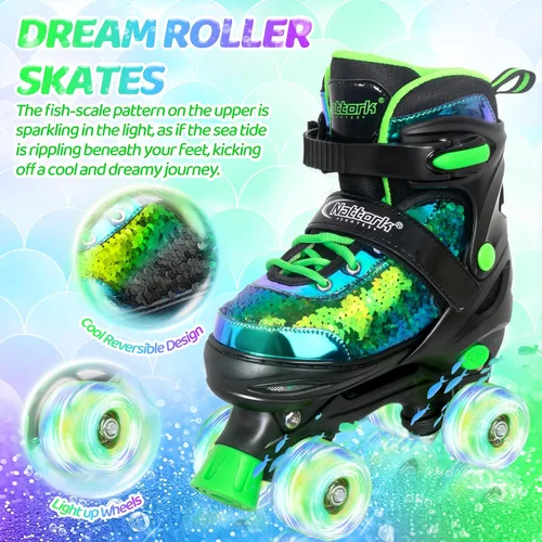 Miniatura 2 de Nattork Patines de ruedas para niños y niñas, 4 tamaños ajustables, patines cuádruples con lentejuelas y todas las ruedas iluminadas para niños