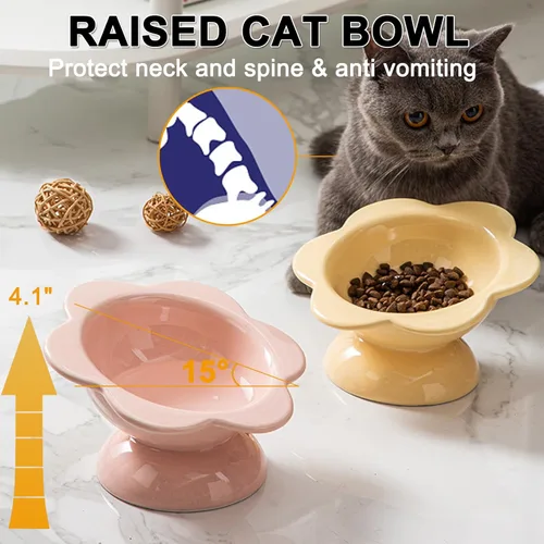 Miniatura 5 de Cuenco elevado de cerámica para gatos, Tazón de comida elevado inclinado de 15° para gatos, Alimentador para mascotas en forma de flor de porcelana