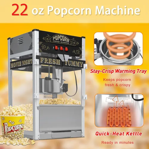 Miniatura 3 de Máquina comercial de palomitas de maíz con carrito y ruedas, máquina para hacer palomitas de maíz con hervidor de acero inoxidable de 22 onzas